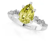 Fancy Yellow Pear Cut Diamond Solitaire Vine Band Ring Set in White gold with Round Accents and Prong Setting