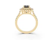 Fancy Black Emerald Cut Diamond Double Halo Statement Ring Set in Yellow gold with Pavé Band