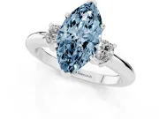 Fancy Blue Three-Stone Marquise Cut Diamond Ring Set in Platinum with Prong Setting and Plain Band