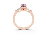Fancy Pink Emerald Cut Diamond Solitaire Ring Set in Rose gold with Tapered Baguette Accents and Prong Setting