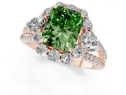 Fancy Green Radiant Cut Diamond Halo Split Shank Engagement Ring Set in Rose gold with Prong-Held Center Stone