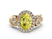 Fancy Yellow Oval Cut Diamond Halo Ring Set in Yellow gold with Milgrain Pavé Band and Prong Setting
