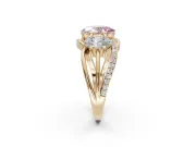 Oval Three Stone Split Shank Engagement Ring Setting for a Fancy Pink Lab-Grown Diamond | Matching Sides | Yellow Gold