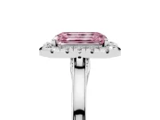 Fancy Pink Emerald Cut Halo Round Diamond Solitaire Ring Set in Silver with Pavé Band and Prong Setting