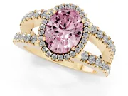 Fancy Pink Oval Cut Diamond Halo Ring Set in Yellow gold with Pavé Split Shank and Prong Setting