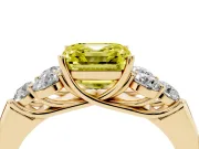 Fancy Yellow Asscher Cut Diamond Cluster Ring Set in Yellow gold with Round Accent Stones and Prong Setting on a Plain Band