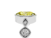 Fancy Yellow Oval Cut Diamond Vintage-Inspired Milgrain Ring Set in White gold with Marquise Stations of Round Accents