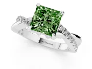 Fancy Green Princess Cut Diamond Twist Band Solitaire Set in White gold with Pavé Accents and Prong Setting