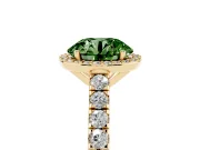 Fancy Green Round Cut Diamond Halo Engagement Ring Set in Yellow gold with Pavé Band and Prong Setting