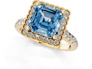 Asscher Cut Milgrain Floral Halo Engagement Ring Setting for a Fancy Blue Lab-Grown Diamond | Pavé Band | Yellow Gold