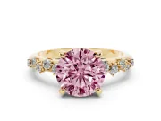 Fancy Pink Round Cut Diamond Solitaire Vine Band Ring Set in Yellow gold with Round Accents and Prong Setting