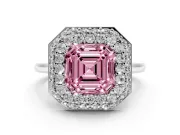 Asscher Cut Pave Halo Engagement Ring Setting for a Fancy Pink Lab-Grown Diamond | Slim Plain Band | Platinum