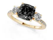 Cushion Cut Three Stone Engagement Ring Setting for a Black Center | Pavé Shoulders | Yellow Gold