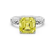 Fancy Yellow Asscher Cut Diamond Solitaire Ring Set in Silver with Milgrain and Black Enamel X Pattern Band