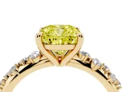 Fancy Yellow Cushion Cut Diamond Solitaire Vine Band Ring Set in Yellow gold with Round Accents and Prong Setting