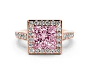 Fancy Pink Princess Cut Diamond Halo Pavé Engagement Ring Set in Rose gold with Bezel Setting