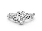 Pear Cut Diamond Solitaire Leaf-Inspired Ring Set in Platinum with Pavé Band and Prong Setting