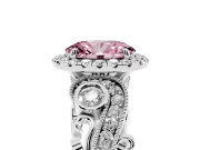 Fancy Pink Oval Cut Diamond Halo Ring Set in Platinum with Milgrain Pavé Band and Prong Setting