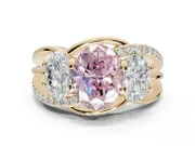 Oval Three Stone Split Shank Engagement Ring Setting for a Fancy Pink Lab-Grown Diamond | Matching Sides | Yellow Gold
