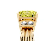 Fancy Yellow Three-Stone Radiant Cut Diamond Channel Set Ring Set in Yellow gold with Bar Prongs