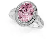 Fancy Pink Oval Cut Diamond Milgrain Halo Solitaire Ring Set in Silver with Bezel Set Side Stones and Pavé Band