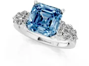Fancy Blue Asscher Cut Diamond Cluster Engagement Ring Set in Platinum with Pavé Band and Prong Setting