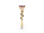 Fancy Pink Emerald Cut Diamond Solitaire Ring Set in Yellow gold with Ribbon Twist Band, Round Accents and Prong Setting