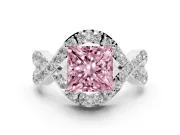 Fancy Pink Princess Cut Diamond Solitaire Twist Band Pavé Engagement Ring Set in Platinum