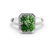 Fancy Green Radiant Cut Diamond Halo Ring Set in White gold with Cathedral Band and Prong Setting
