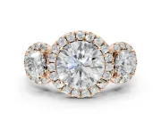 Round Three Stone Halo Engagement Ring Setting | Haloed Side Stones | Rose Gold
