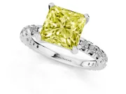 Fancy Yellow Princess Cut Diamond Pavé Solitaire Ring Set in Platinum with Round Band and Prong Setting