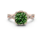 Fancy Green Cushion Cut Diamond Halo Twist Band Solitaire Ring Set in Rose gold with Prong-Set Center Stone
