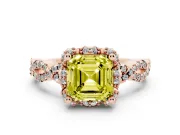 Fancy Yellow Asscher Cut Diamond Halo Twist Band Solitaire Ring Set in Rose gold with Prong-Set Center Stone