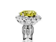 Fancy Yellow Heart Cut Diamond Halo Engagement Ring Set in White gold with Filigree Band and Prong-Set Center