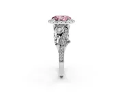 Fancy Pink Oval Cut Diamond Halo Ring Set in Platinum with Milgrain Pavé Band and Prong Setting
