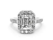 Emerald Cut Diamond Floral Halo Ring Set in White gold with Pavé Band and Prong Setting