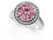 Fancy Pink Round Cut Diamond Halo Solitaire Ring Set in Platinum with Pavé Band and Bezel Setting