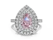 Fancy Pink Pear-Shaped Lab-Grown Diamond Double Halo Statement Ring Set in Sterling Silver with Pavé Band