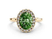 Fancy Green Oval Cut Halo Round Diamond Solitaire Ring Set in Yellow gold with Pavé Band and Prong Setting