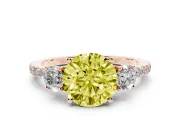 Fancy Yellow Round Cut Diamond Three-Stone Ring Set in Rose gold with Pavé Band and Graduated Sides