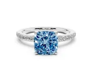 Fancy Blue Cushion Cut Diamond Pavé Band Ring Set in Platinum with Prong-Set Center Stone