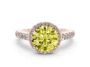 Fancy Yellow Round Cut Diamond Halo Engagement Ring Set in Rose gold with Pavé Band and Prong Setting