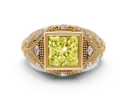 Fancy Yellow Princess Cut Diamond Bezel Ring Set in Yellow gold with Milgrain Accent Band