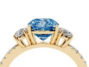 Cushion Cut Three Stone Engagement Ring Setting for a Fancy Blue Lab-Grown Diamond | Pave Shoulders | Yellow Gold