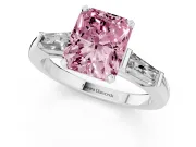 Fancy Pink Radiant Cut Diamond Solitaire Ring Set in White gold with Tapered Baguette Side Stones and Prong Setting