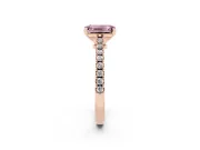 Fancy Pink Emerald Cut Diamond Solitaire Engagement Ring Set in Rose gold with Delicate Pavé Band and Prong Setting