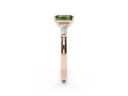 Fancy Green Emerald Cut Diamond Solitaire Ring Set in Rose gold with Tapered Baguette Side Stones and Prong Setting