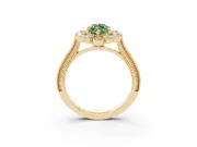 Fancy Green Marquise Cut Diamond Halo Milgrain Pavé Ring Set in Yellow gold with Prong Setting
