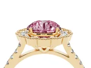 Fancy Pink Round Cut Diamond Milgrain Floral Halo Engagement Ring Set in Yellow gold with Pavé Band