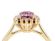 Fancy Pink Emerald Cut Diamond Halo Ring Set in Yellow gold with Plain Solitaire Band and Prong Setting